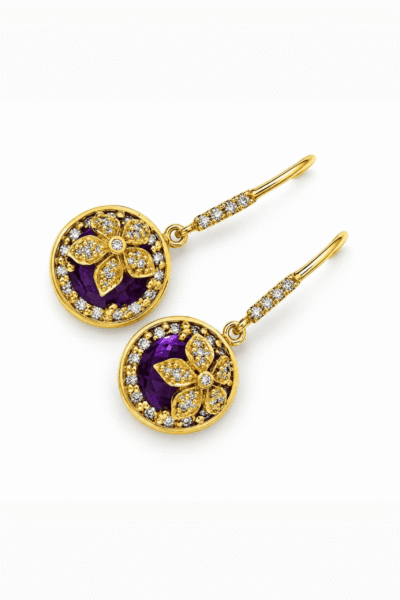 Hookback Earrings With Floral Onlay On Round Amethyst Surrounded By Cubic Zirconia Halo