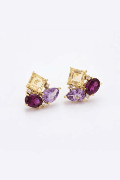 Earstuds Featuring Pear Amethyst, Oval Garnet And Princess Cut Citrines Highlighted With Cubic Zirconia