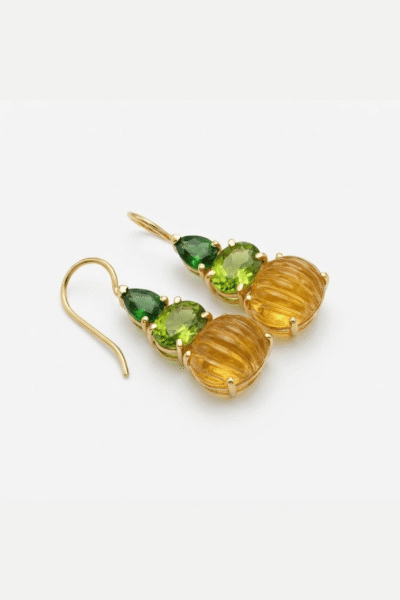 Hookback Earrings With A Trio Of Gems Featuring Peridot, Green Diopside And Carved Citrines