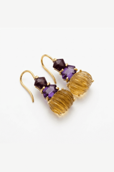 Hookback Earrings With A Trio Of Gems Featuring Rose Garnet,  Amethyst And Carved Citrines