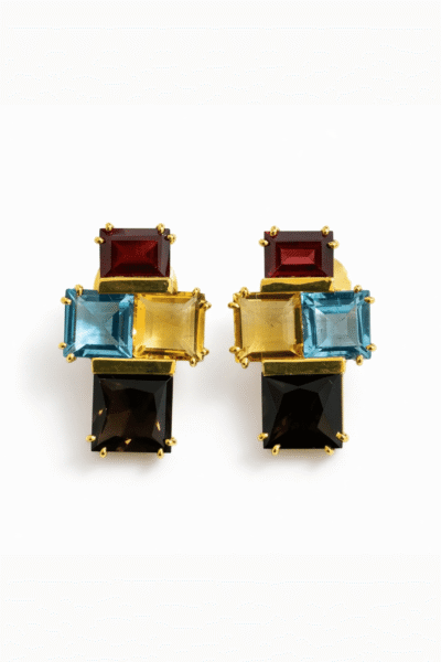 Cubic Earring With Garnet, Blue Topaz, Citrine And Smoky Quartz