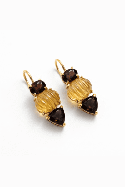 Hookback Earrings With A Trio Of Gems Featuring Garnet, Smoky Quartz And  Carved Citrines
