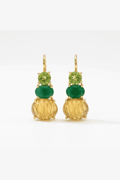 Hookback Earrings With A Trio Of Gems Eaturing Peridot, Green Onyx And Carved Citrines