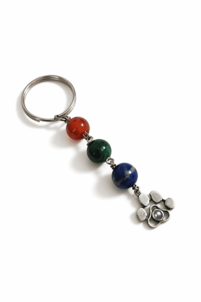 Blue Moonstone Sterling Silver Paw Keytag With Agate, Malachite And Lapiz Bead
