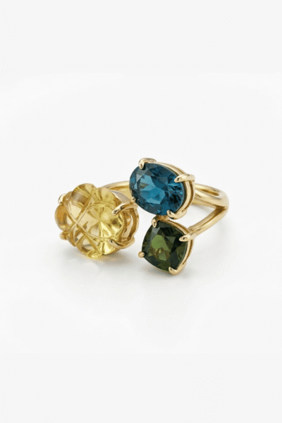 Carved Lemon Quartz, Blue Topaz and Diopside Open Ring